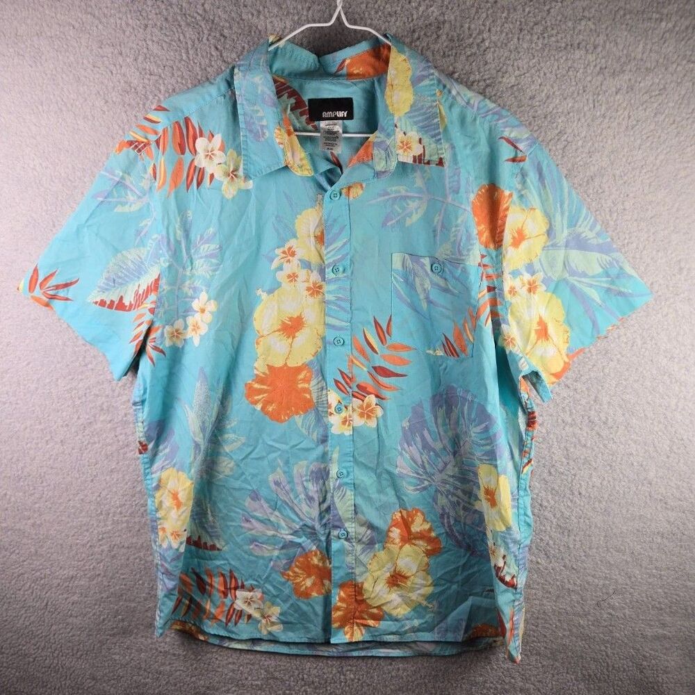 Amplify Hibiscus Tropical Leaves Mens Short Sleeve Floral Button Up Shirt XL